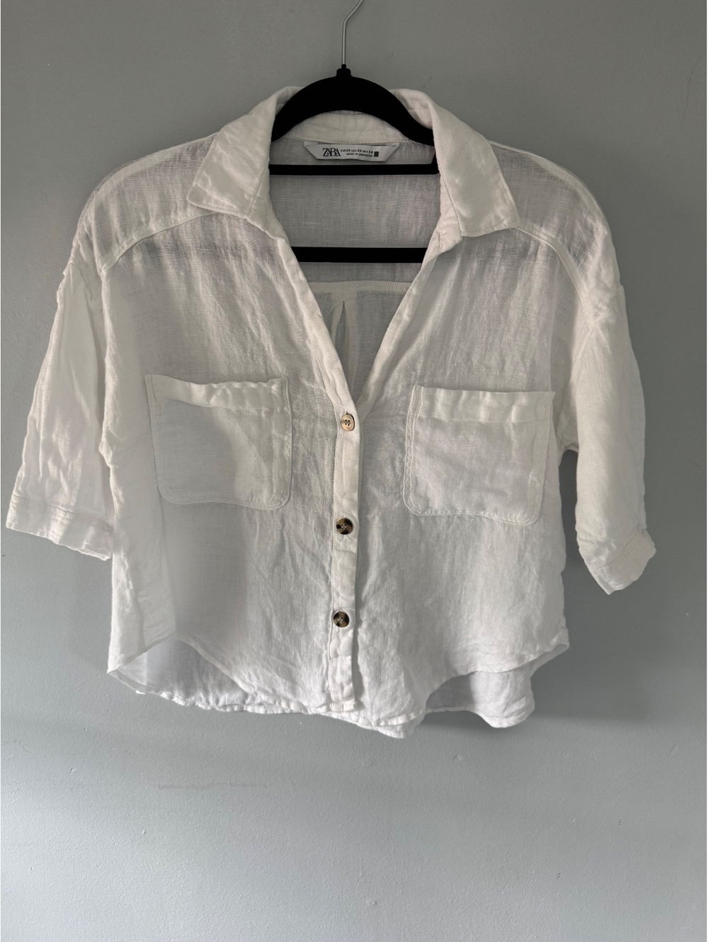 ZARA White Linen Button-Up Shirt with Front Pockets and Short Sleeves, Relaxed-F